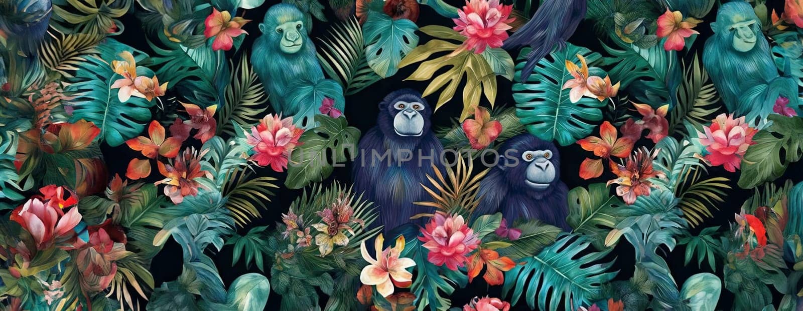 Tropical exotic pattern with animal and flowers in bright colors and lush vegetation. Ai Generative. by Benzoix