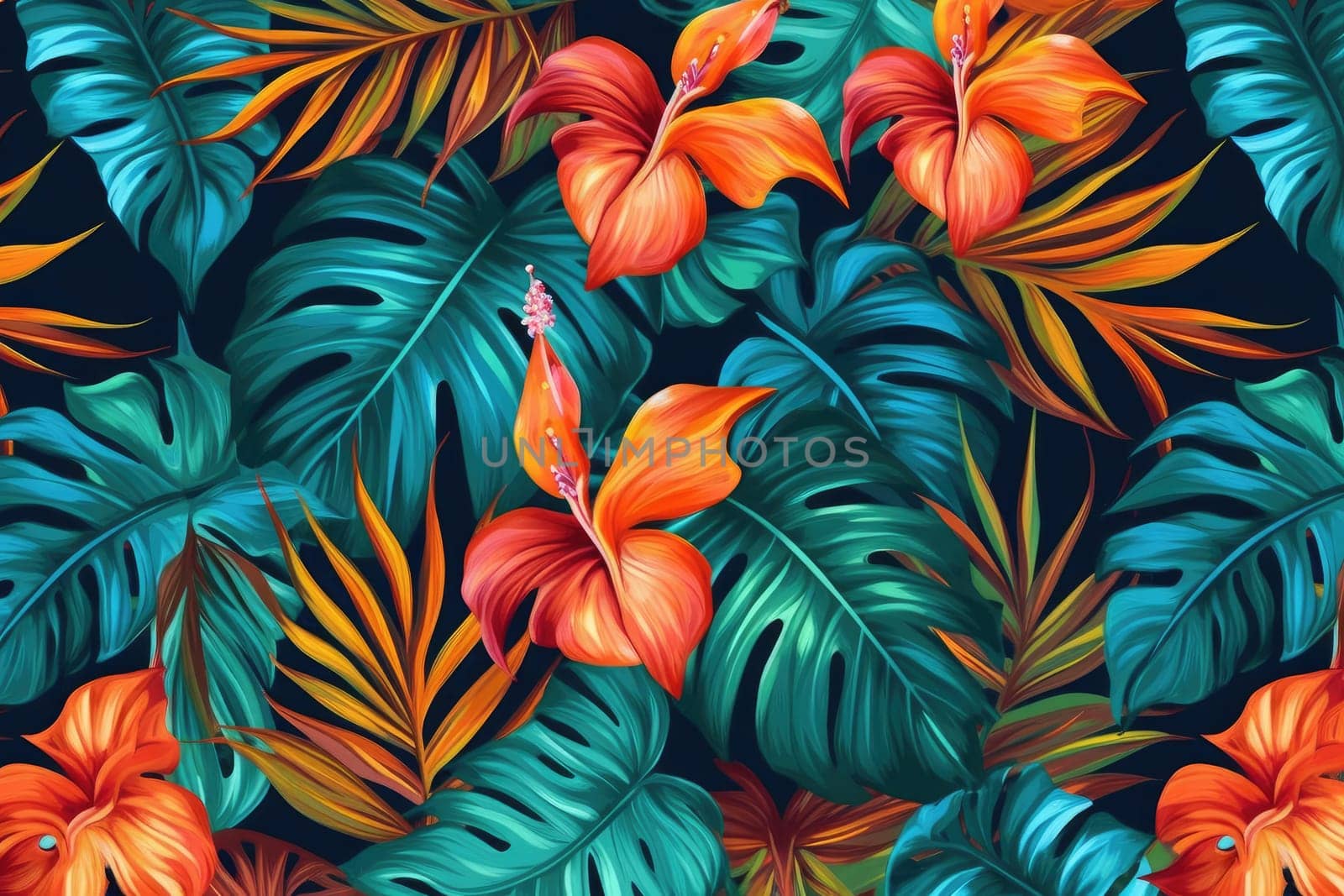 Tropical exotic pattern with animal and flowers in bright colors and lush vegetation. Ai Generative. by Benzoix