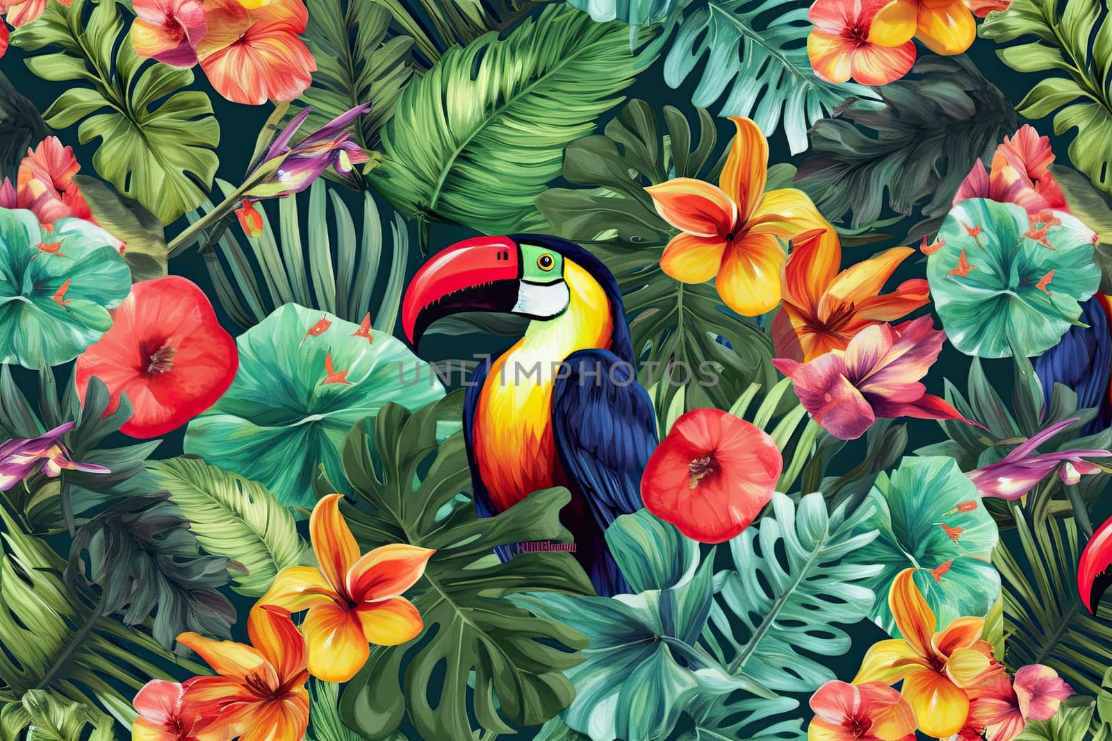 Tropical exotic pattern with animal and flowers in bright colors and lush vegetation. Ai Generative. by Benzoix