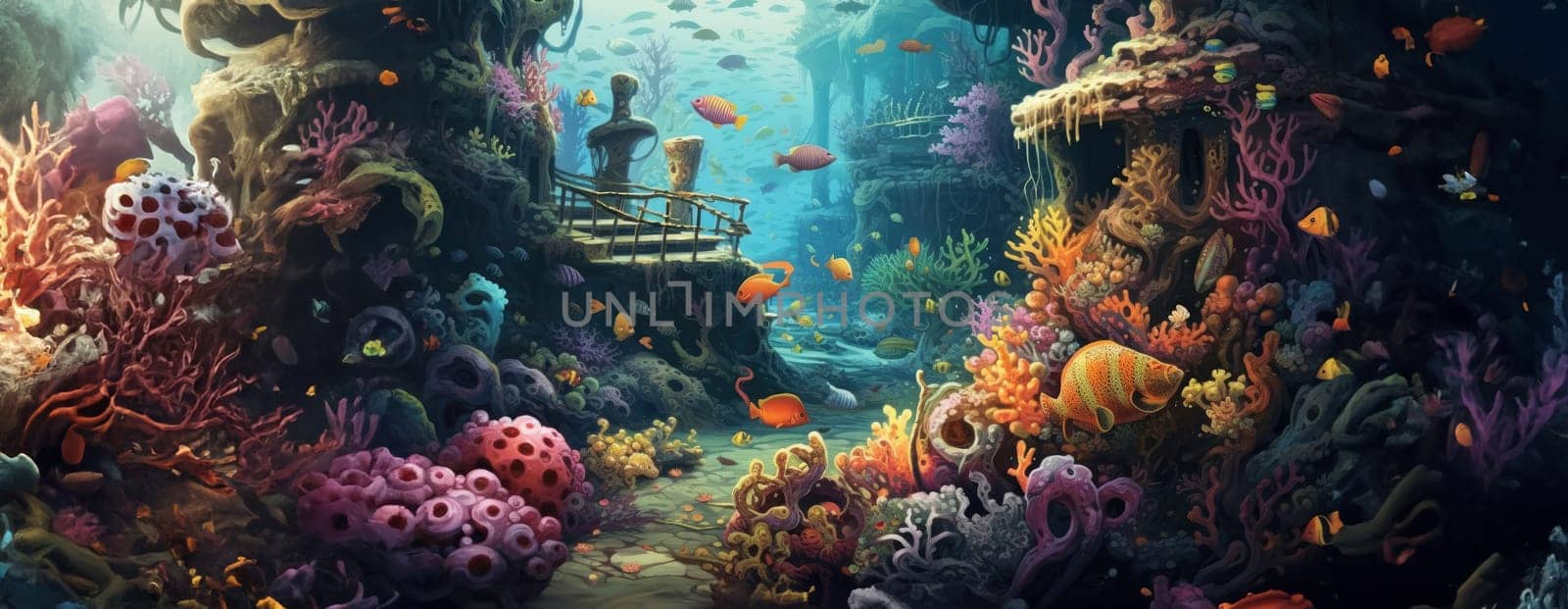 Tropical sea underwater fishes on coral reef. Aquarium oceanarium wildlife colorful marine panorama landscape nature snorkel diving. AI Generative