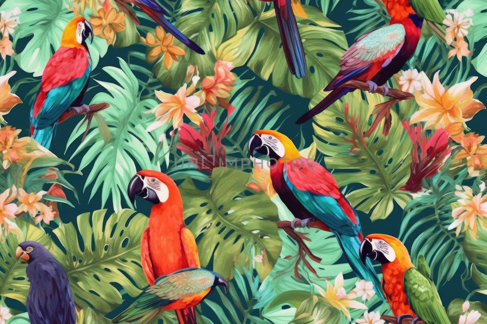 Tropical exotic pattern with animal and flowers in bright colors and lush vegetation. Ai Generative