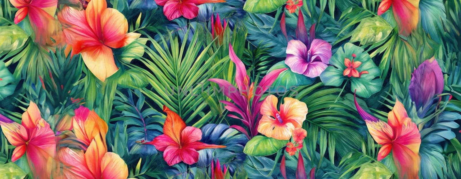 Tropical exotic pattern with animal and flowers in bright colors and lush vegetation. Ai Generative. by Benzoix