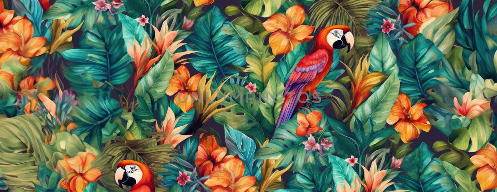 Tropical exotic pattern with animal and flowers in bright colors and lush vegetation. Ai Generative. by Benzoix