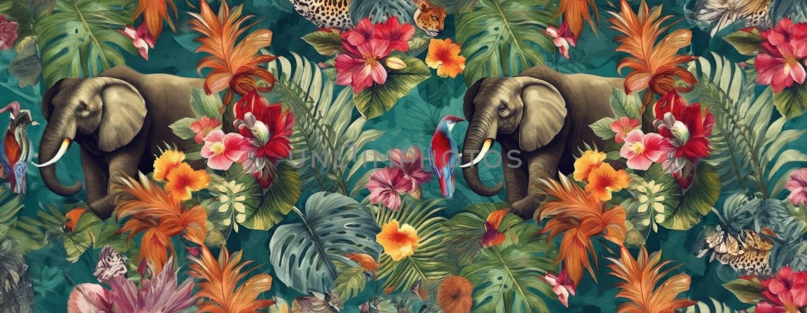 Tropical exotic pattern with animal and flowers in bright colors and lush vegetation. Ai Generative. by Benzoix