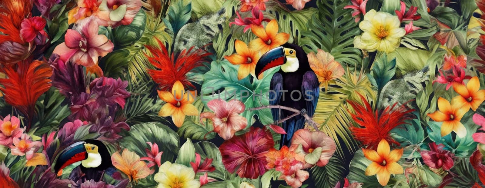 Tropical exotic pattern with animal and flowers in bright colors and lush vegetation. Ai Generative. by Benzoix