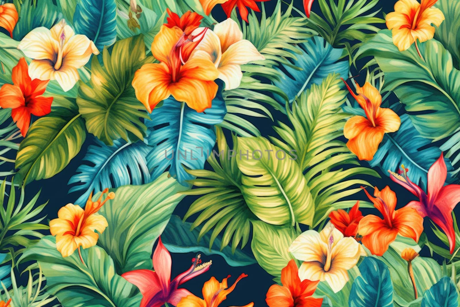 Tropical exotic pattern with animal and flowers in bright colors and lush vegetation. Ai Generative. by Benzoix