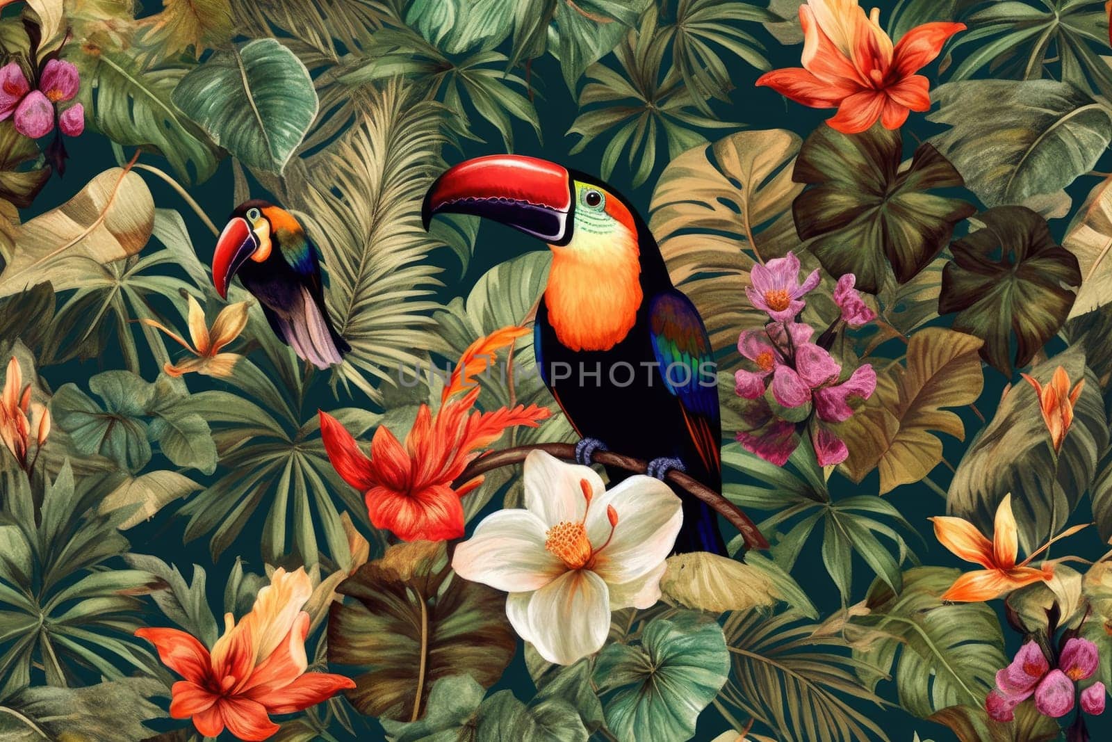 Tropical exotic pattern with animal and flowers in bright colors and lush vegetation. Ai Generative