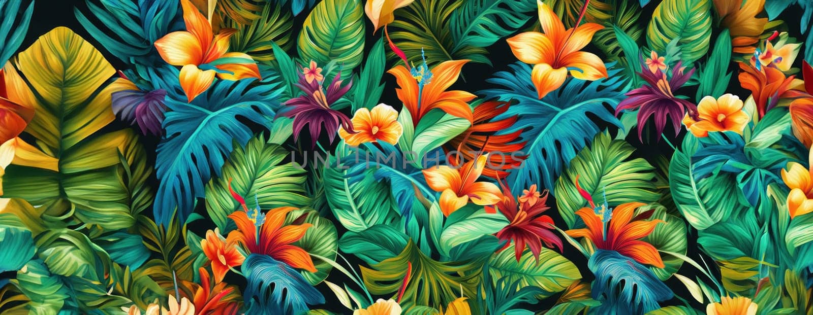 Tropical exotic pattern with animal and flowers in bright colors and lush vegetation. Ai Generative