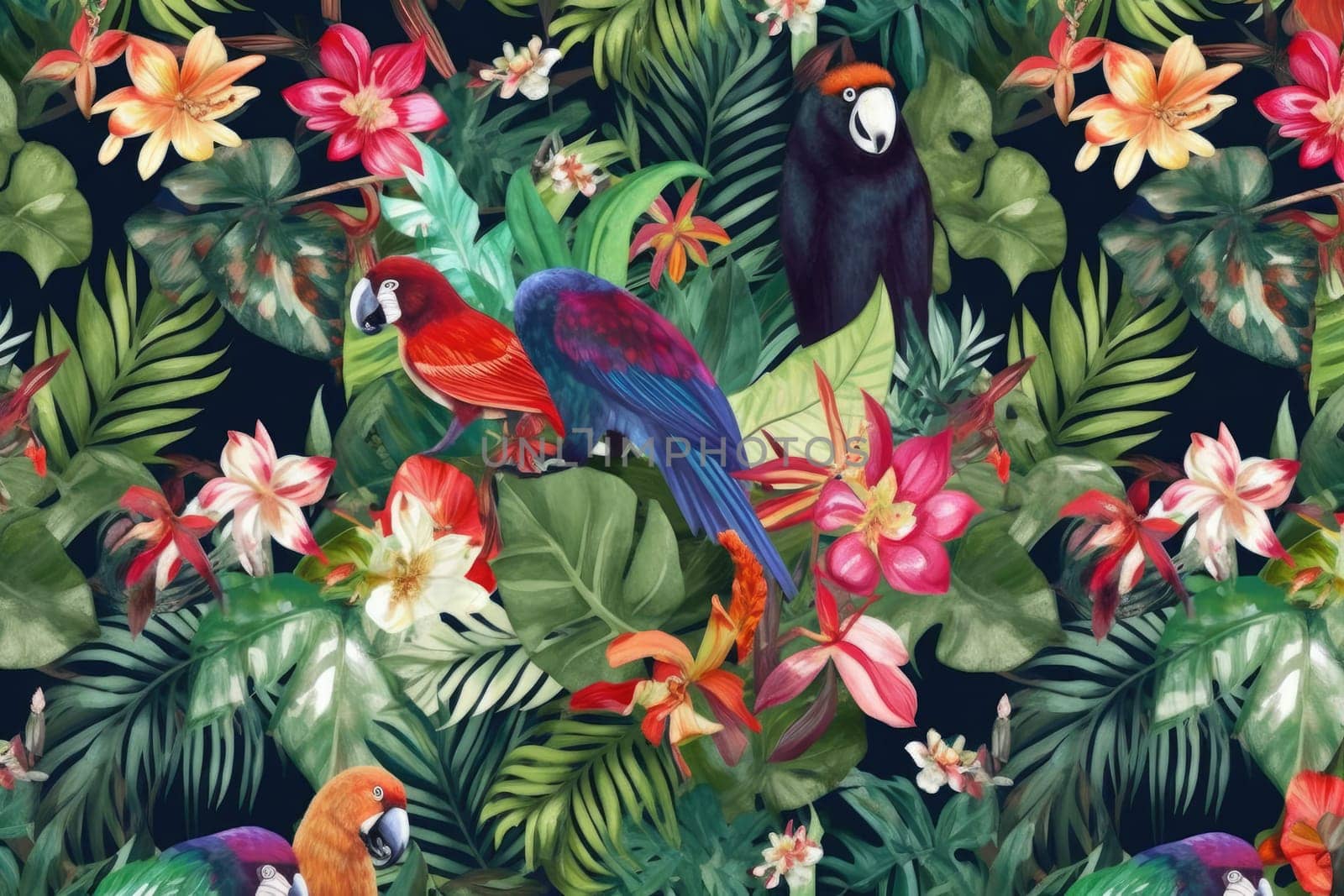 Tropical exotic pattern with animal and flowers in bright colors and lush vegetation. Ai Generative. by Benzoix