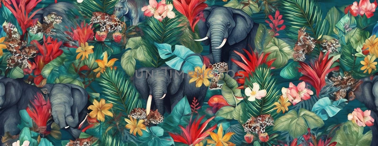 Tropical exotic pattern with animal and flowers in bright colors and lush vegetation. Ai Generative