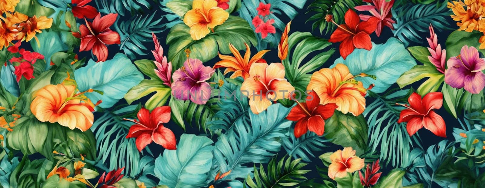 Tropical exotic pattern with animal and flowers in bright colors and lush vegetation. Ai Generative