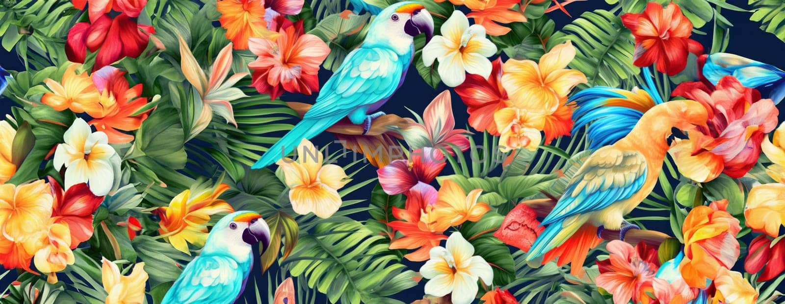 Tropical exotic pattern with animal and flowers in bright colors and lush vegetation. Ai Generative