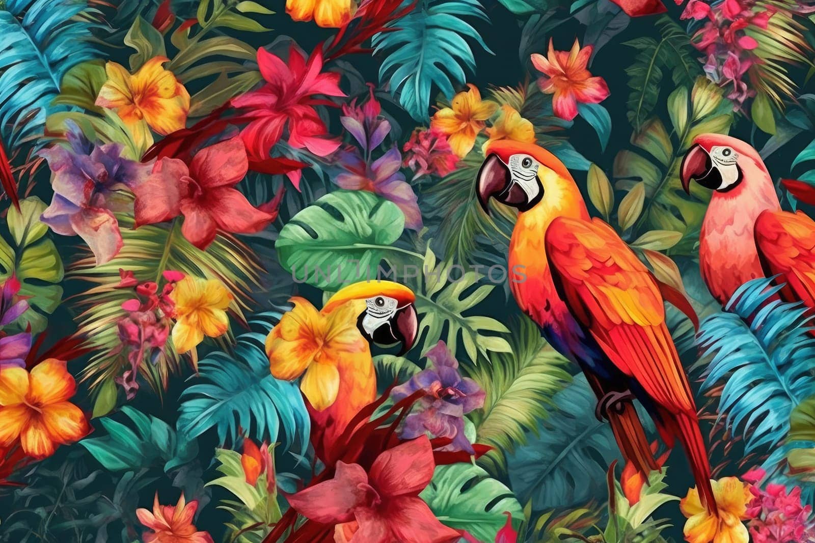 Tropical exotic pattern with animal and flowers in bright colors and lush vegetation. Ai Generative