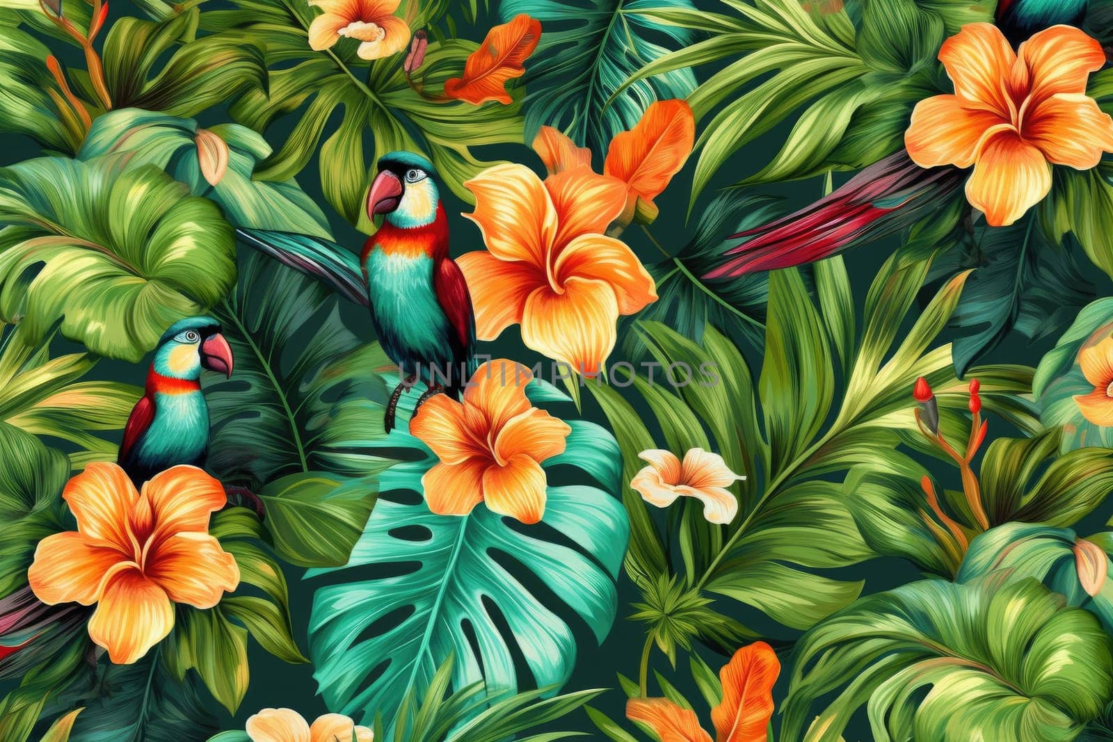 Tropical exotic pattern with animal and flowers in bright colors and lush vegetation. Ai Generative. by Benzoix