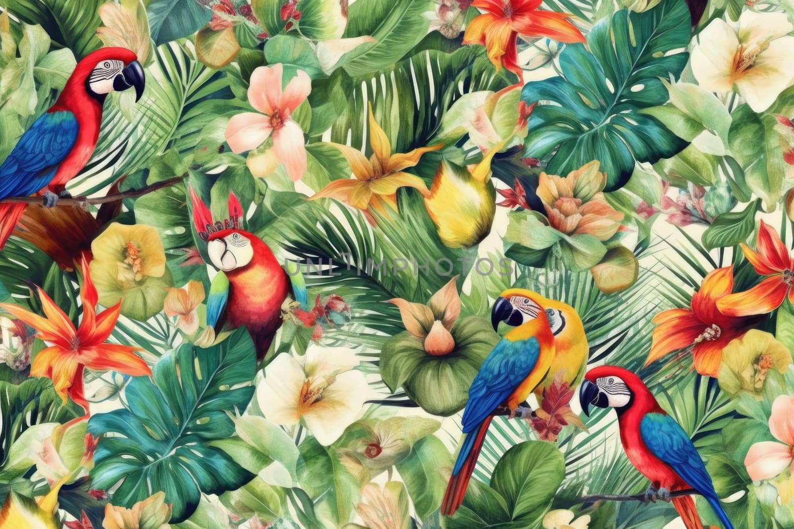 Tropical exotic pattern with animal and flowers in bright colors and lush vegetation. Ai Generative