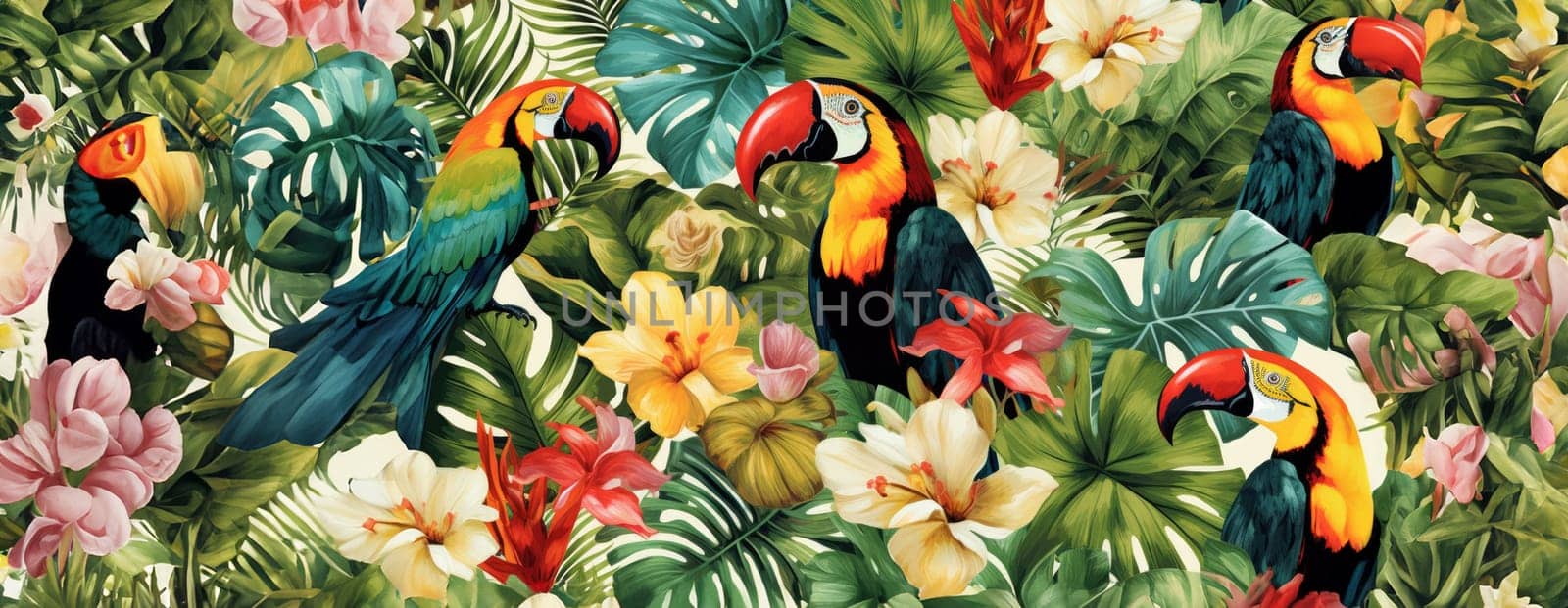 Tropical exotic pattern with animal and flowers in bright colors and lush vegetation. Ai Generative. by Benzoix