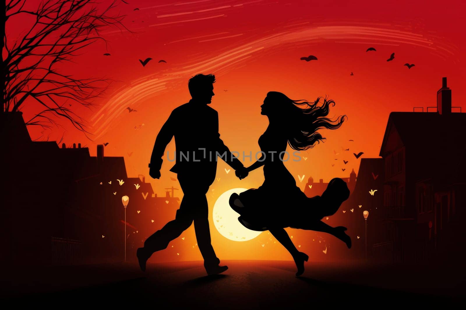 Silhouette of a loving couple of a man and a woman against a sunset background by andreyz