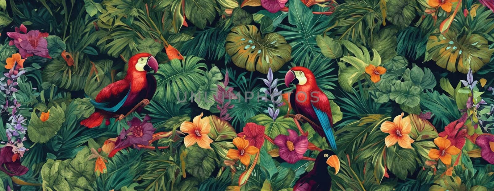 Tropical exotic pattern with animal and flowers in bright colors and lush vegetation. Ai Generative. by Benzoix