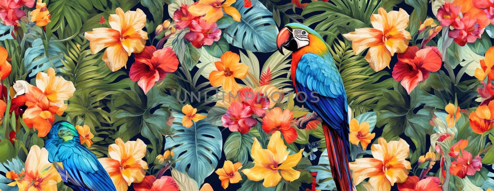 Tropical exotic pattern with animal and flowers in bright colors and lush vegetation. Ai Generative