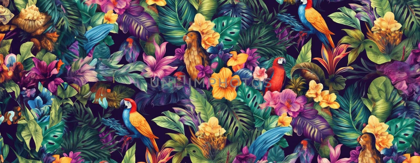 Tropical exotic pattern with animal and flowers in bright colors and lush vegetation. Ai Generative