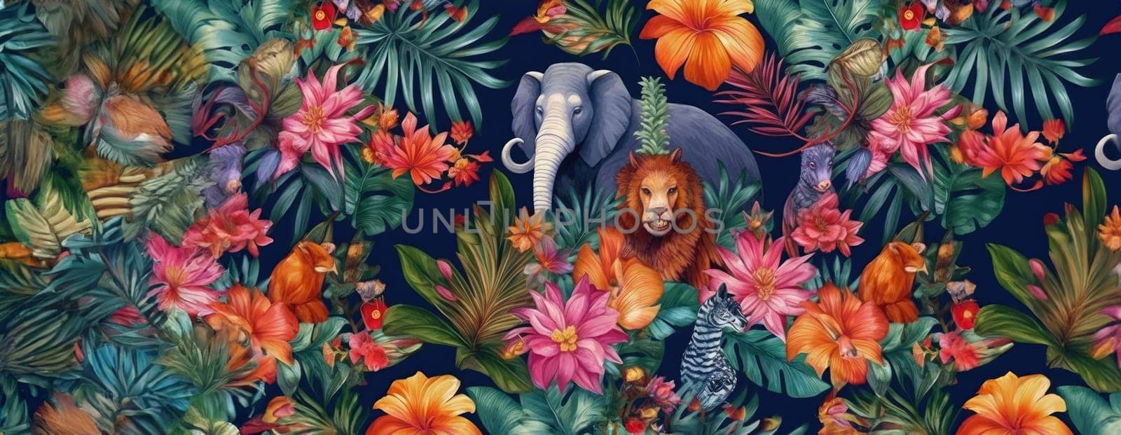 Tropical exotic pattern with animal and flowers in bright colors and lush vegetation. Ai Generative