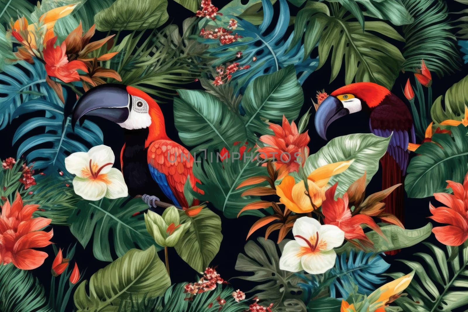 Tropical exotic pattern with animal and flowers in bright colors and lush vegetation. Ai Generative