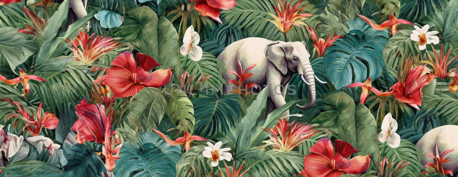 Tropical exotic pattern with animal and flowers in bright colors and lush vegetation. Ai Generative