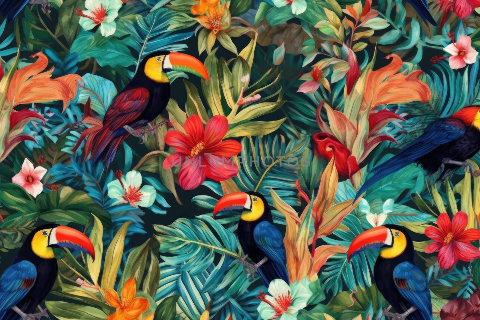 Tropical exotic pattern with animal and flowers in bright colors and lush vegetation. Ai Generative