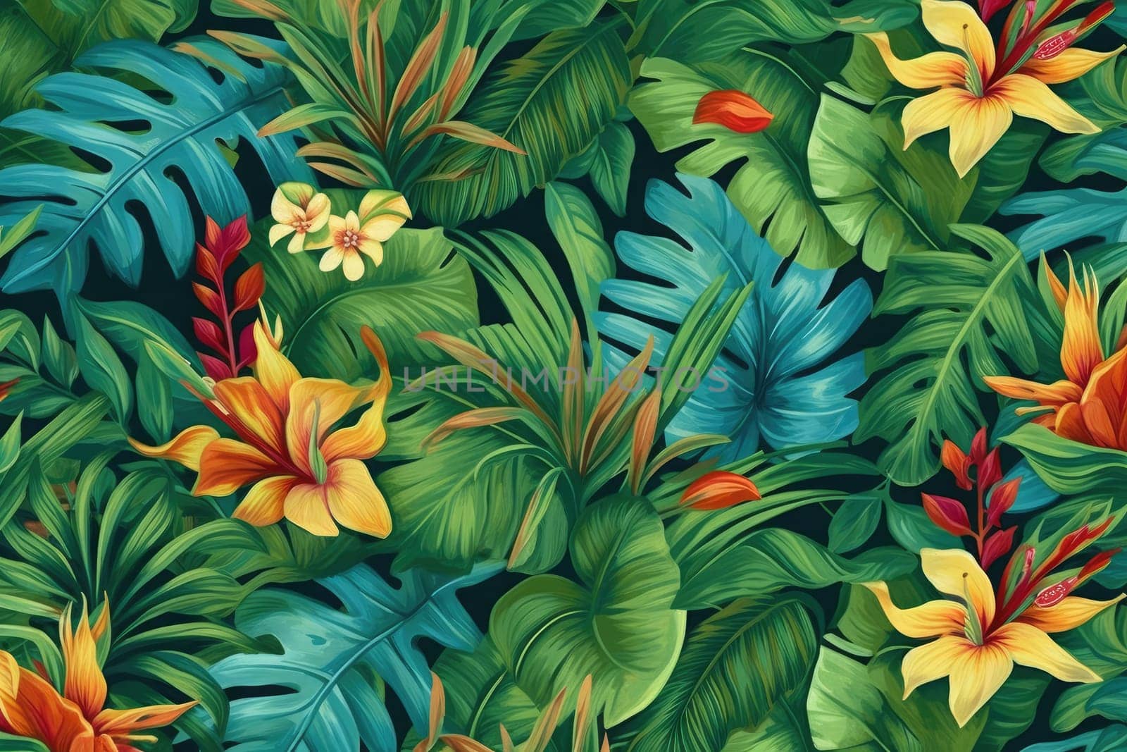 Tropical exotic pattern with animal and flowers in bright colors and lush vegetation. Ai Generative. by Benzoix