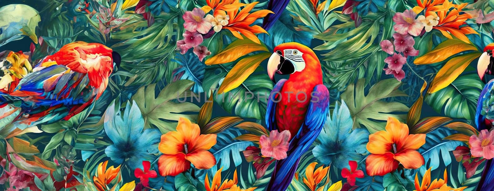 Tropical exotic pattern with animal and flowers in bright colors and lush vegetation. Ai Generative. by Benzoix