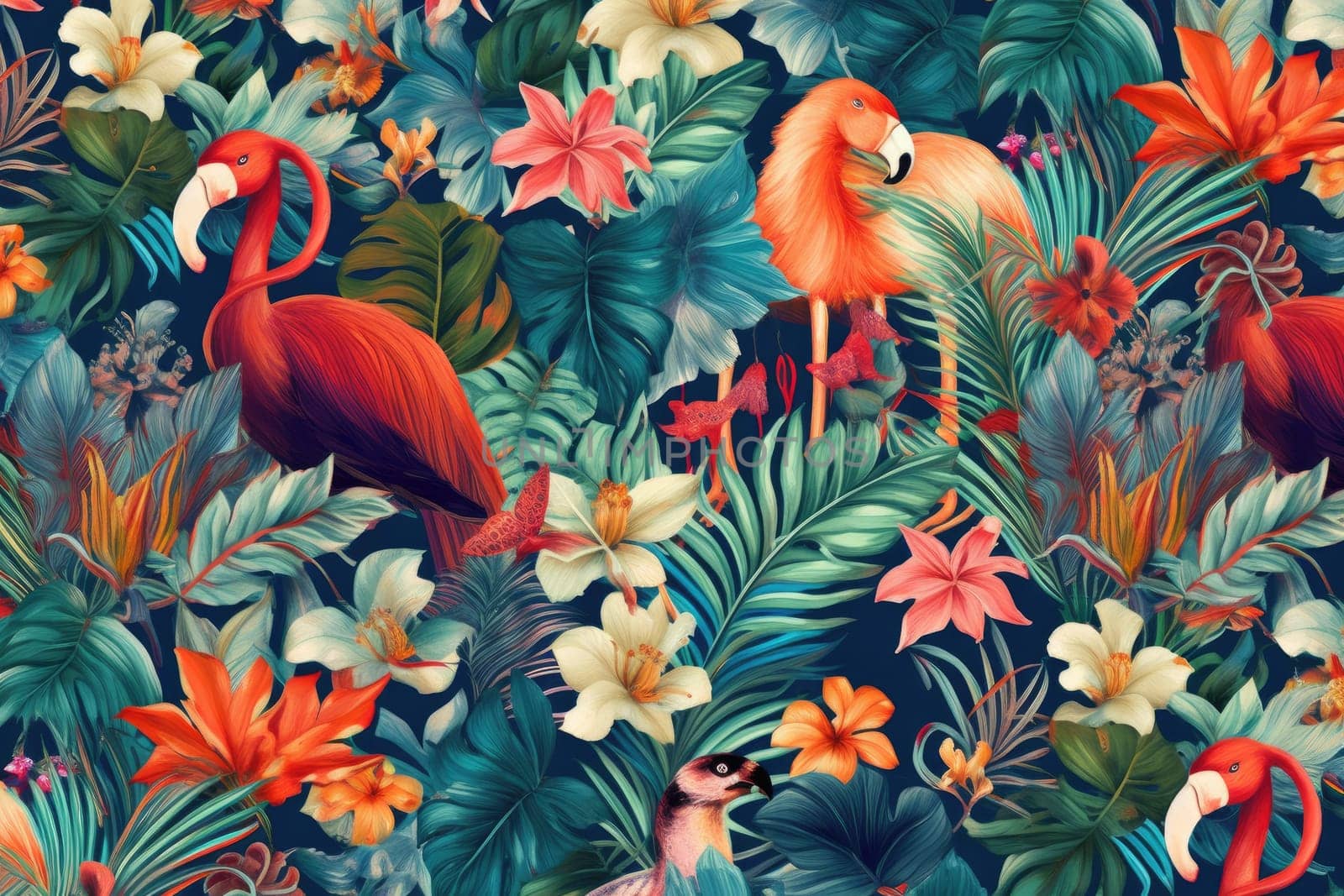 Tropical exotic pattern with animal and flowers in bright colors and lush vegetation. Ai Generative. by Benzoix