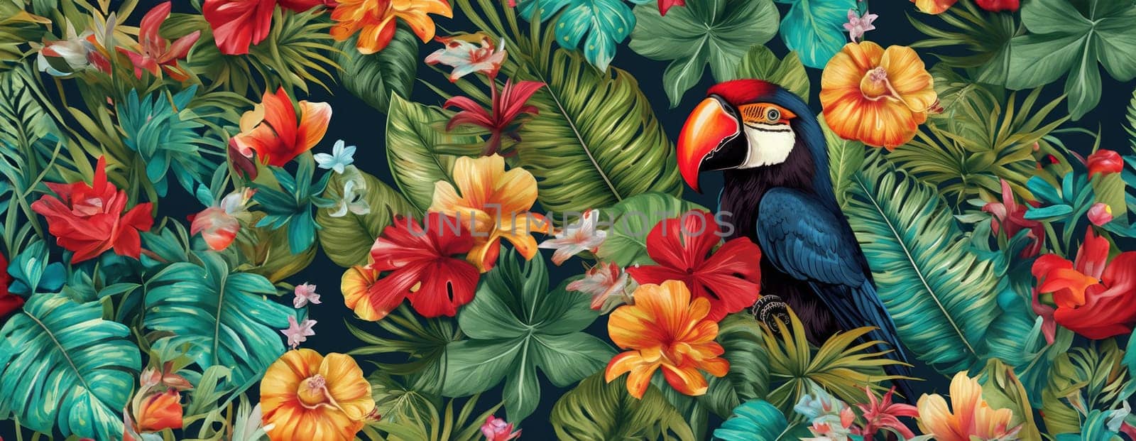 Tropical exotic pattern with animal and flowers in bright colors and lush vegetation. Ai Generative. by Benzoix