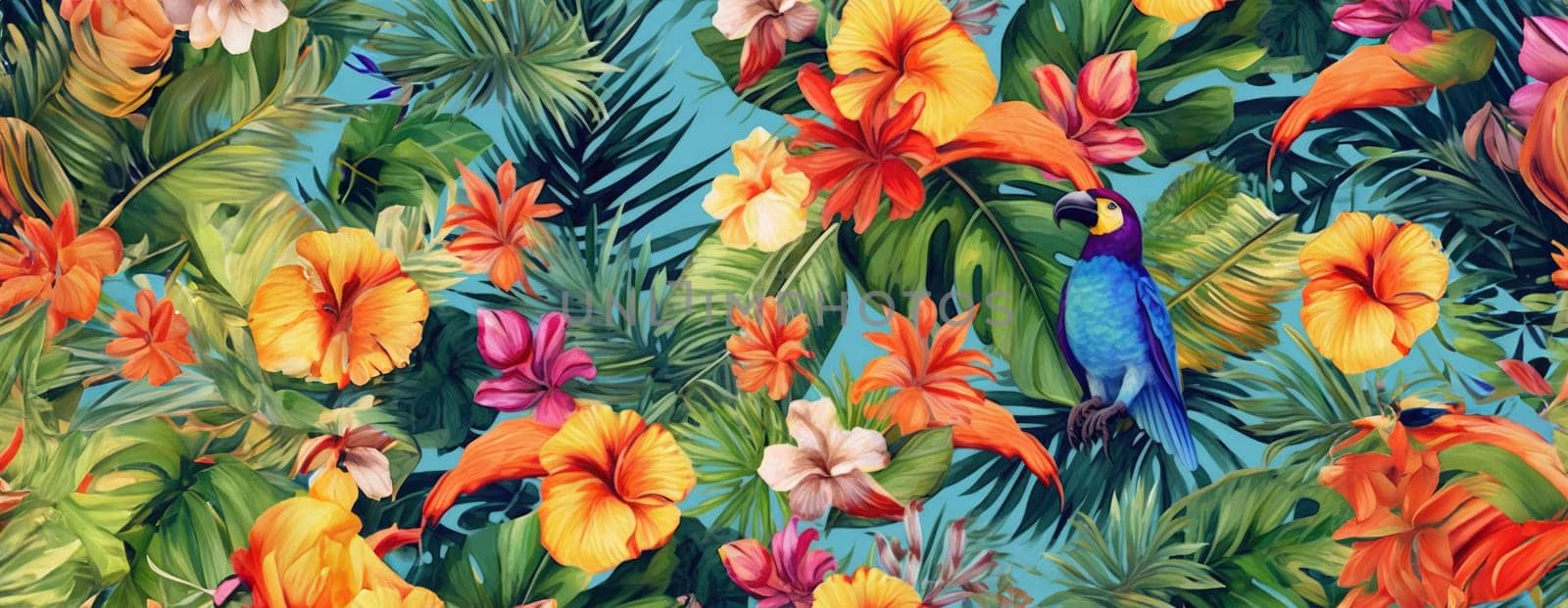 Tropical exotic pattern with animal and flowers in bright colors and lush vegetation. Ai Generative. by Benzoix