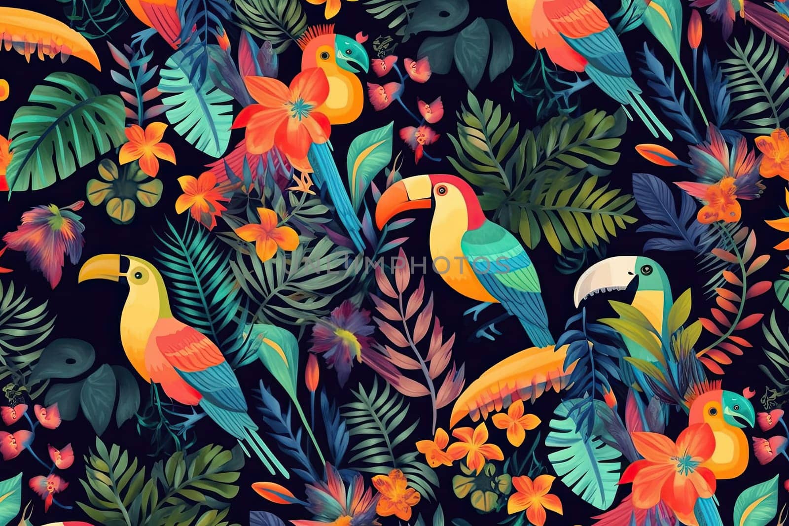 Tropical exotic pattern with animal and flowers in bright colors and lush vegetation. Ai Generative. by Benzoix