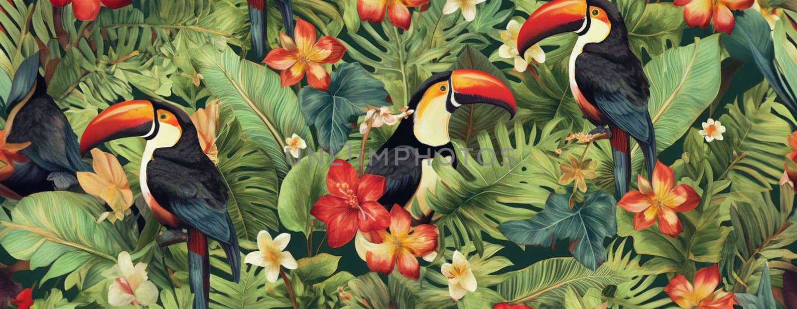 Tropical exotic pattern with animal and flowers in bright colors and lush vegetation. Ai Generative. by Benzoix