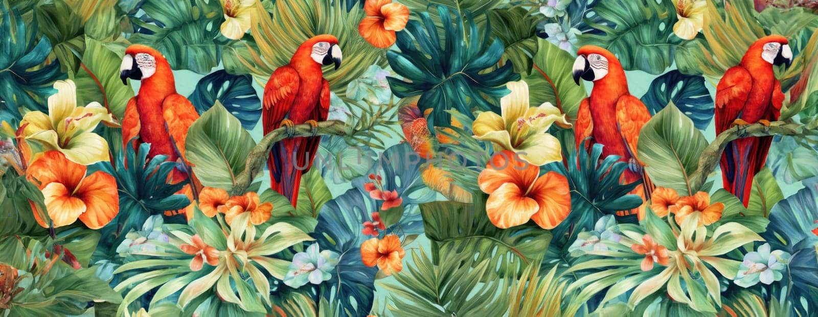 Tropical exotic pattern with animal and flowers in bright colors and lush vegetation. Ai Generative. by Benzoix