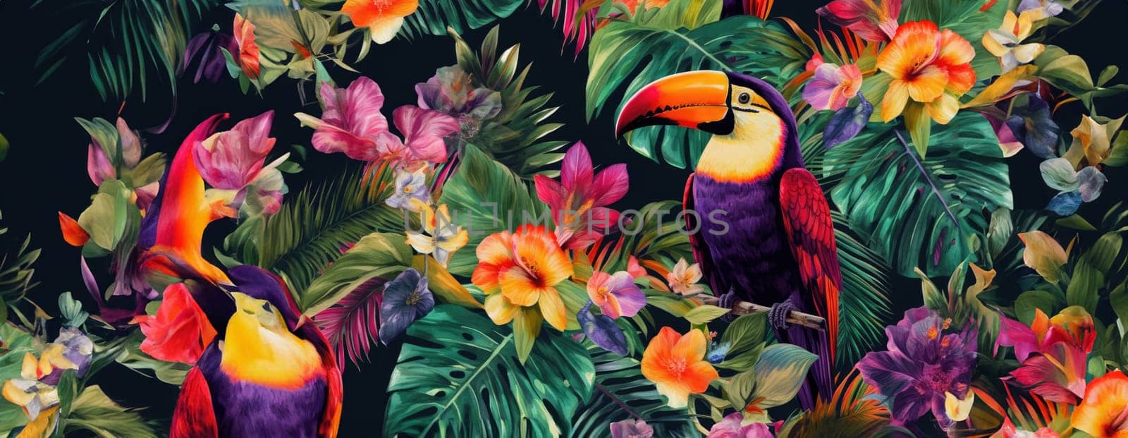 Tropical exotic pattern with animal and flowers in bright colors and lush vegetation. Ai Generative