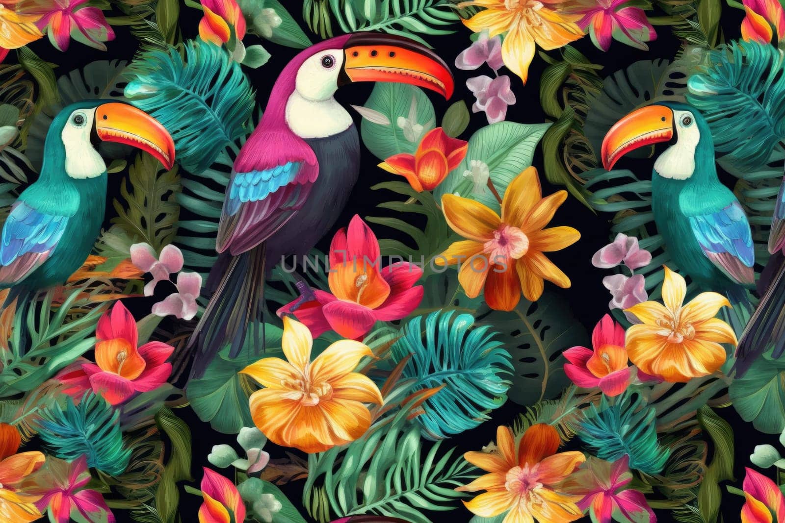 Tropical exotic pattern with animal and flowers in bright colors and lush vegetation. Ai Generative. by Benzoix