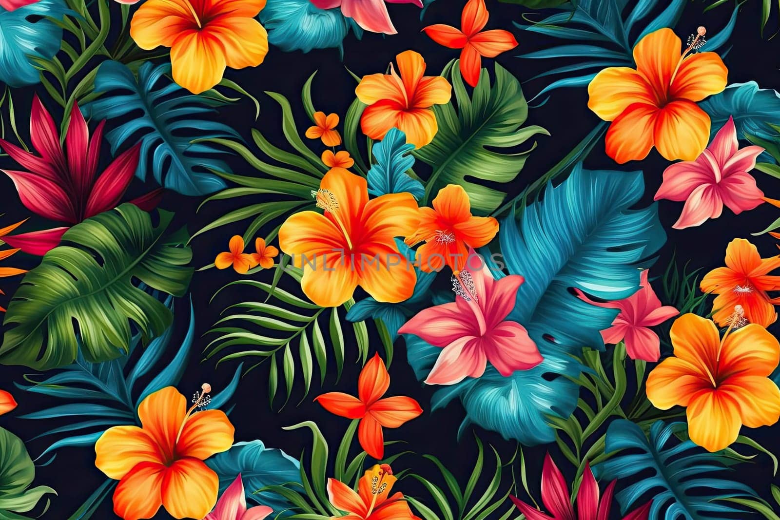 Tropical exotic pattern with animal and flowers in bright colors and lush vegetation. Ai Generative. by Benzoix