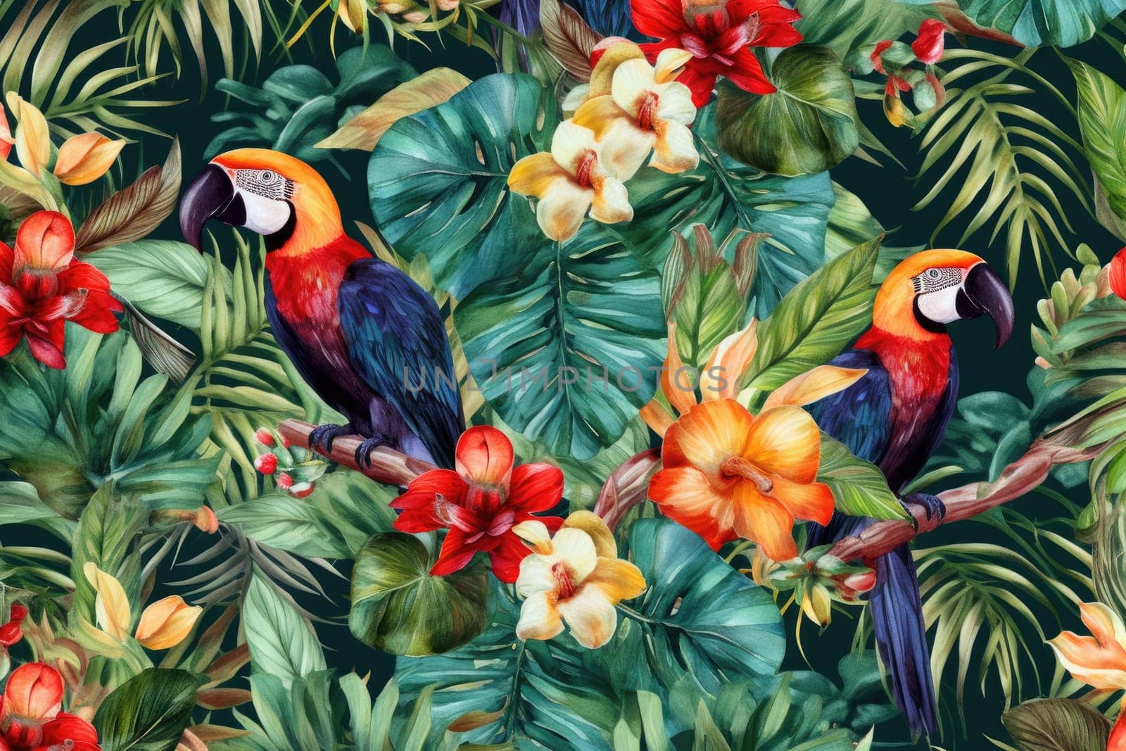 Tropical exotic pattern with animal and flowers in bright colors and lush vegetation. Ai Generative