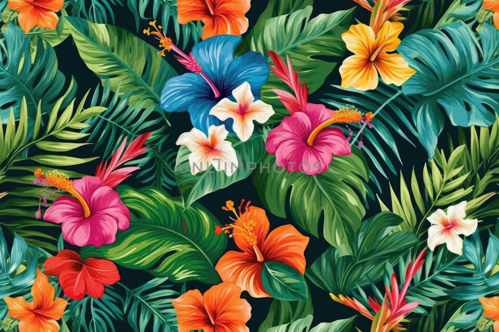 Tropical exotic pattern with animal and flowers in bright colors and lush vegetation. Ai Generative. by Benzoix