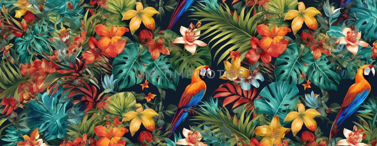 Tropical exotic pattern with animal and flowers in bright colors and lush vegetation. Ai Generative