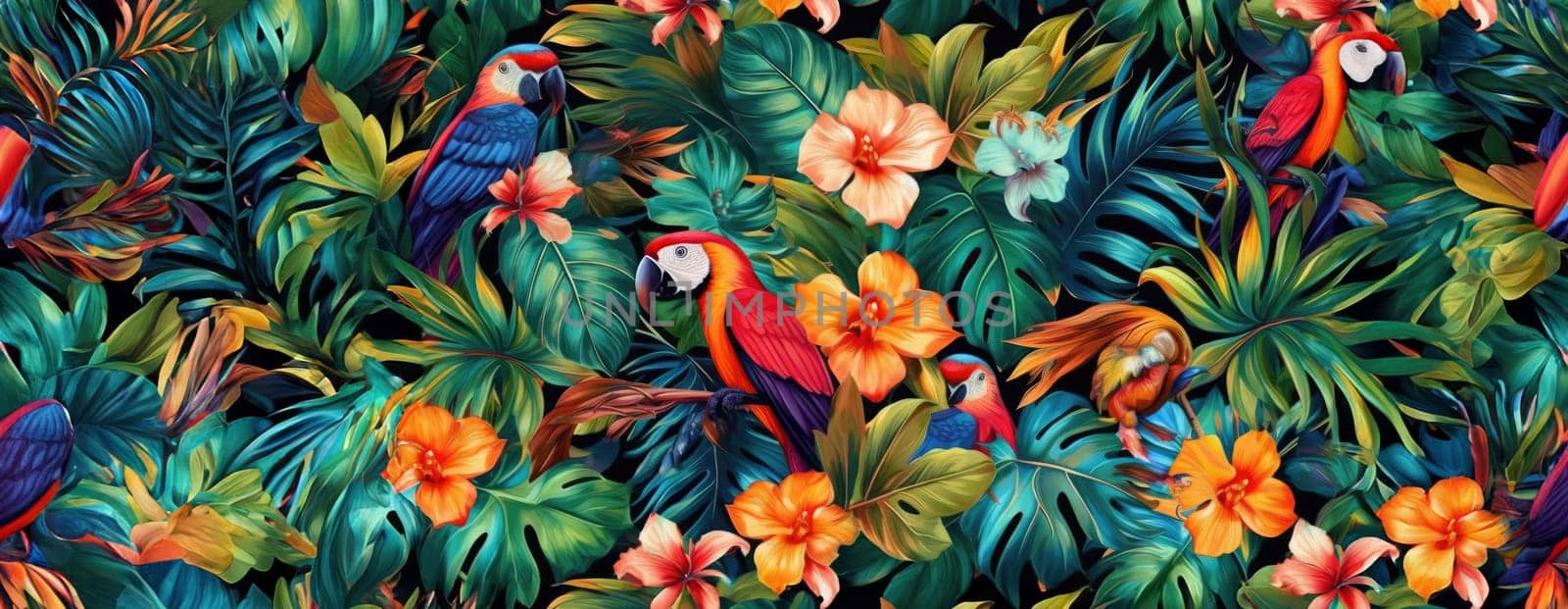 Tropical exotic pattern with animal and flowers in bright colors and lush vegetation. Ai Generative