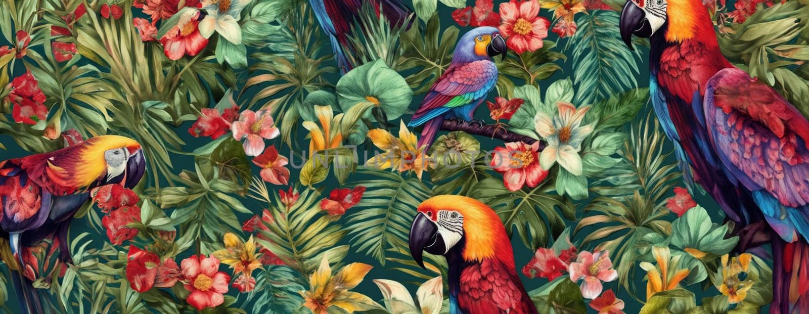 Tropical exotic pattern with animal and flowers in bright colors and lush vegetation. Ai Generative. by Benzoix