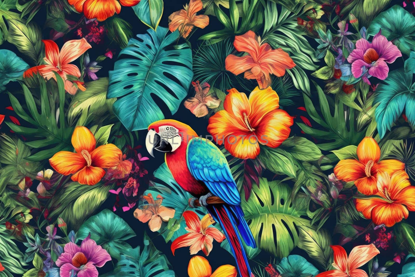 Tropical exotic pattern with animal and flowers in bright colors and lush vegetation. Ai Generative. by Benzoix