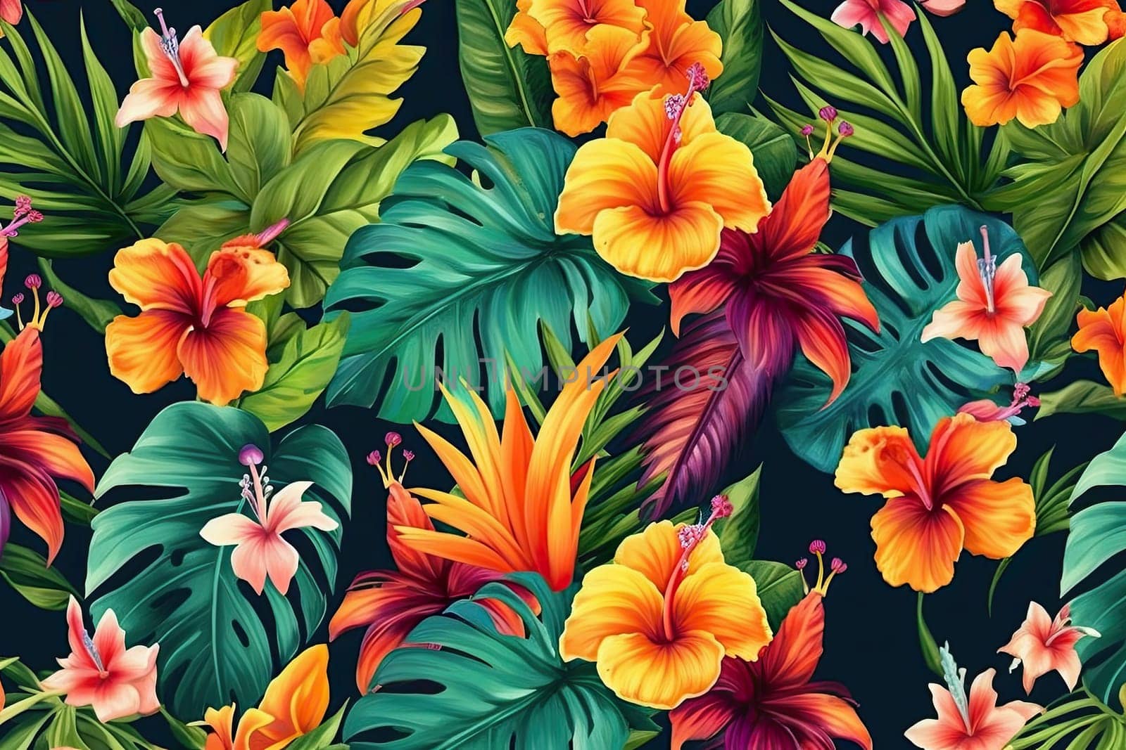 Tropical exotic pattern with animal and flowers in bright colors and lush vegetation. Ai Generative. by Benzoix