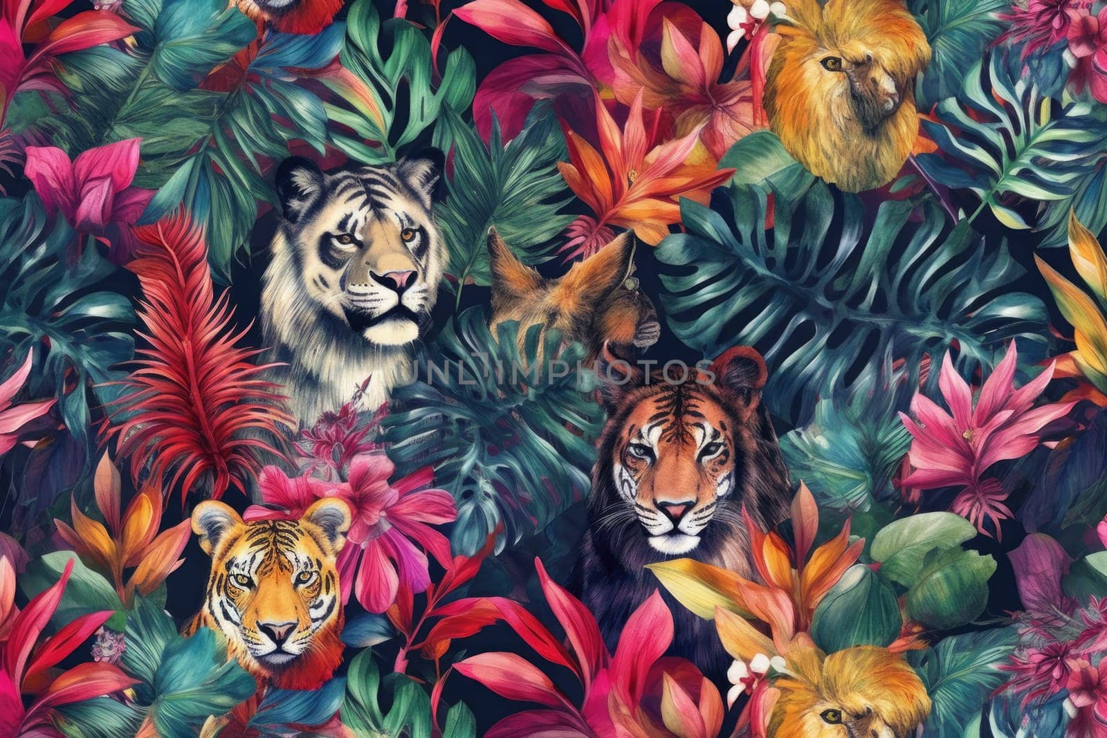 Tropical exotic pattern with animal and flowers in bright colors and lush vegetation. Ai Generative. by Benzoix