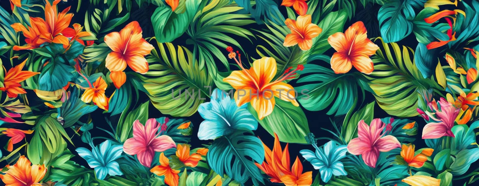 Tropical exotic pattern with animal and flowers in bright colors and lush vegetation. Ai Generative. by Benzoix