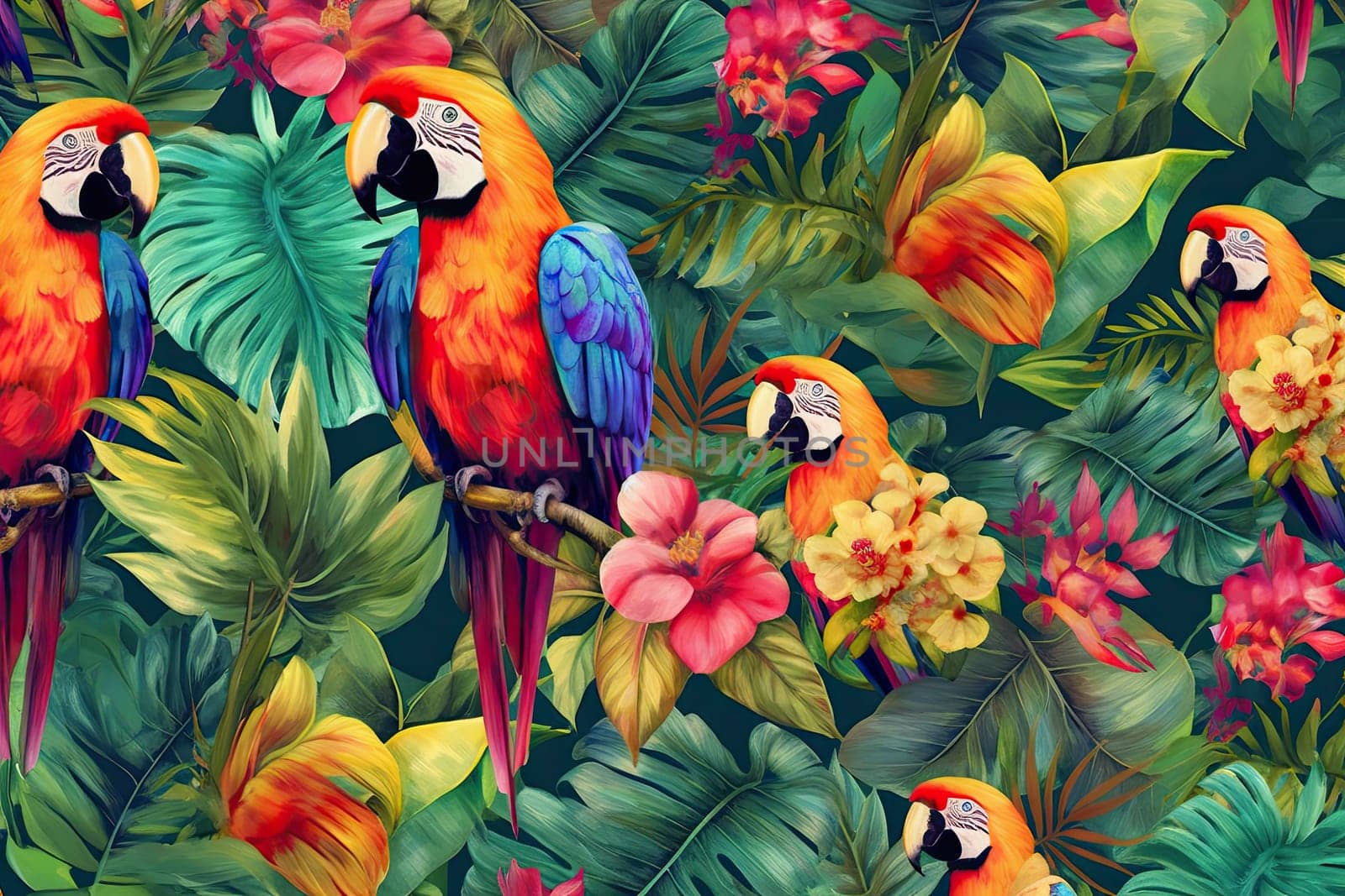 Tropical exotic pattern with animal and flowers in bright colors and lush vegetation. Ai Generative