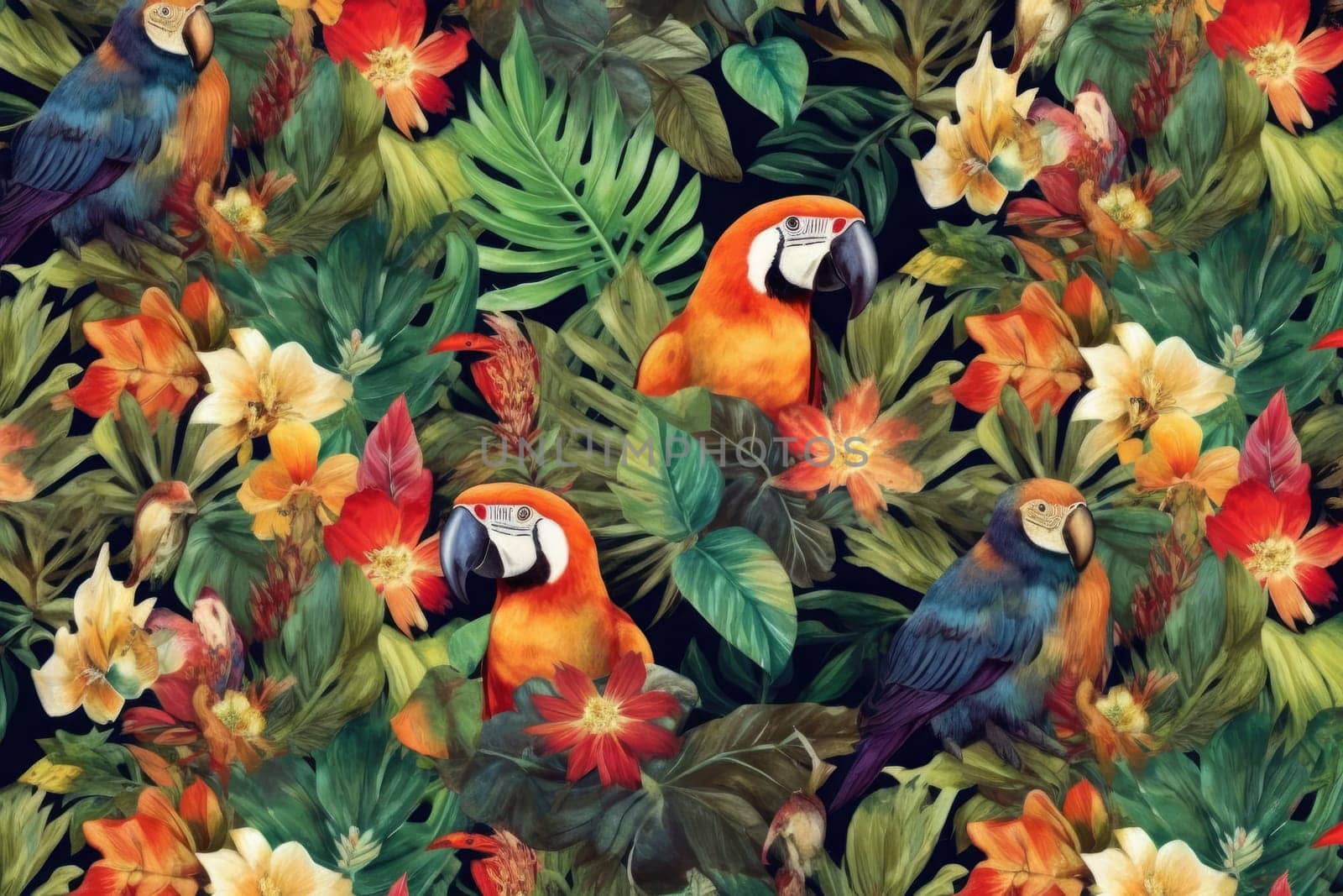 Tropical exotic pattern with animal and flowers in bright colors and lush vegetation. Ai Generative. by Benzoix